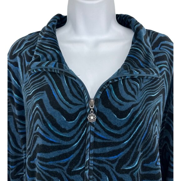 Catherines Blue Black Velvet Full Front Zip Zebra Mock Neck Jacket Women's Sz 2X - Picture 2 of 8